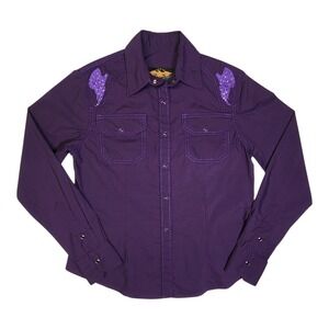Purple Western Snap Shirt Womens M Rhinestone Angel Wings Y2K Cowgirl Rodeo